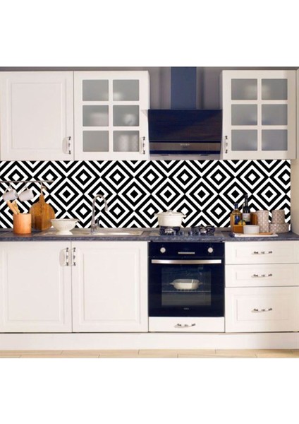 Mutfak Tezgah Arası Kendinden Yapışkanlı Folyo Kaplama Geometrik Siyah Beyaz 60 cm x 100 cm fiyatları