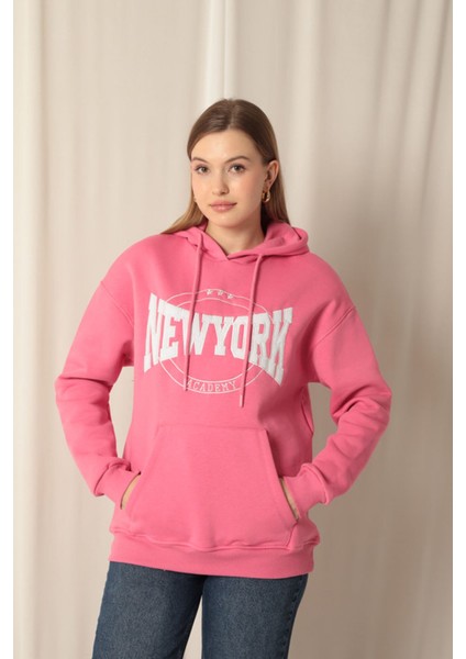 Üç Iplik Newyork Nakışlı Kadın Pembe Sweat