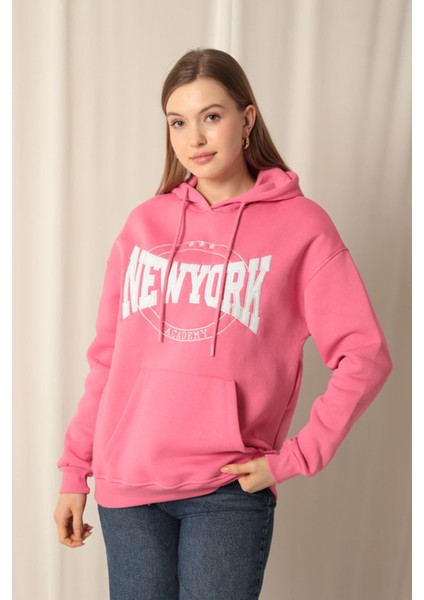 Üç Iplik Newyork Nakışlı Kadın Pembe Sweat