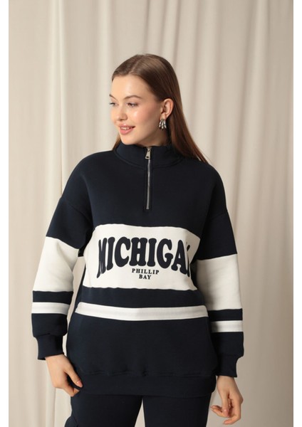 Üç Iplik Michigan Baskılı Fermuarlı Kadın Lacivert Sweat