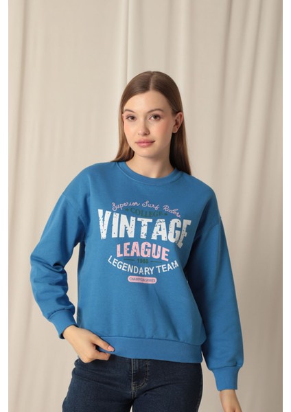 Veloramoda Üç Iplik Kumaş Vintage Baskılı Kadın Mavi Sweat