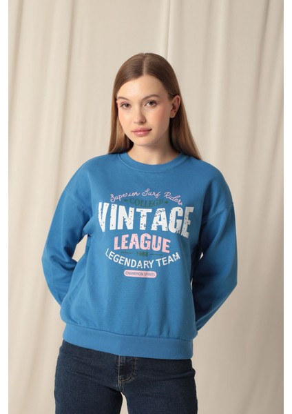 Veloramoda Üç Iplik Kumaş Vintage Baskılı Kadın Mavi Sweat