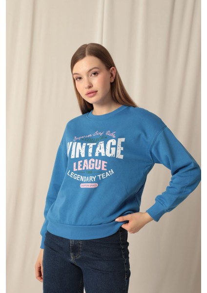 Veloramoda Üç Iplik Kumaş Vintage Baskılı Kadın Mavi Sweat