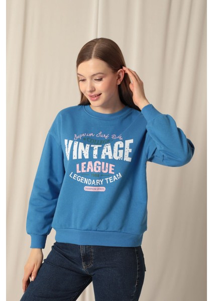 Veloramoda Üç Iplik Kumaş Vintage Baskılı Kadın Mavi Sweat