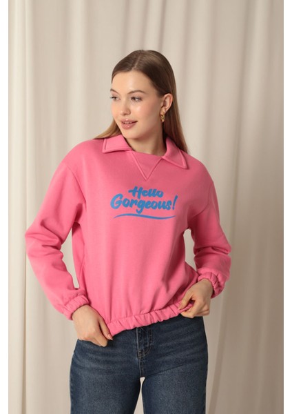 Üç Iplik Kumaş Hello Baskılı Kadın Pembe Sweat