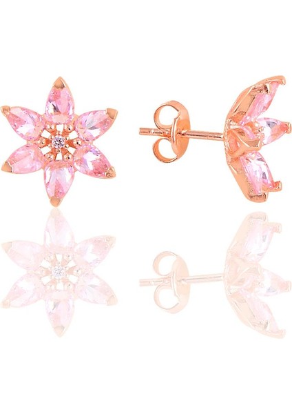 Gümüş Rose Taşlı Nilüfer Lotus Çiçeği Küpe