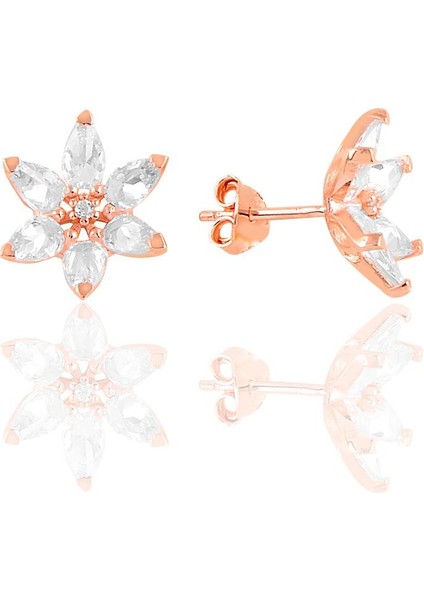 Gümüş Rose Taşlı Nilüfer Lotus Çiçeği Küpe