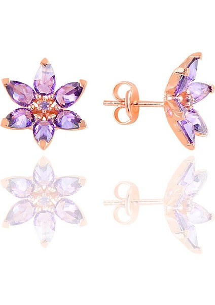 Gümüş Rose Taşlı Nilüfer Lotus Çiçeği Küpe