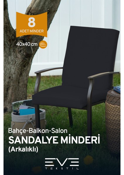 Bahçe - Salon - Balkon Arkalıklı Fermuarlı Bağlanabilir Yıkanabilir Sandalye Minderi 8 Adet