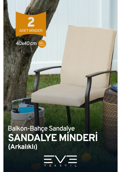 Bahçe - Salon - Balkon Arkalıklı Fermuarlı Bağlanabilir Yıkanabilir Sandalye Minderi 2 Adet