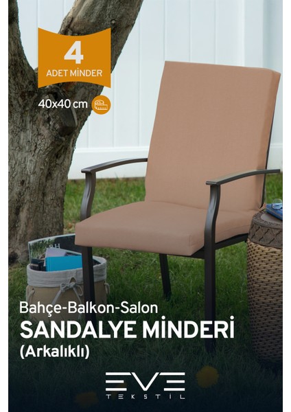 Bahçe - Salon - Balkon Arkalıklı Fermuarlı Bağlanabilir Yıkanabilir Sandalye Minderi 4 Adet