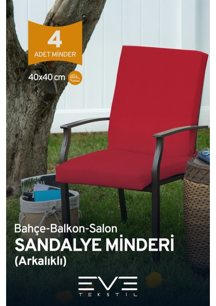 Bahçe - Salon - Balkon Arkalıklı Fermuarlı Bağlanabilir Yıkanabilir Sandalye Minderi 4 Adet