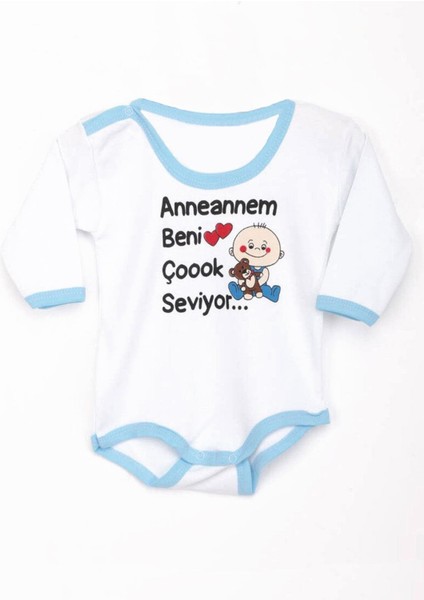 Bebek Uzun Kollu Badi Çıtçıtlı Zıbın Önü Yazılı %100 Pamuk - Mavi