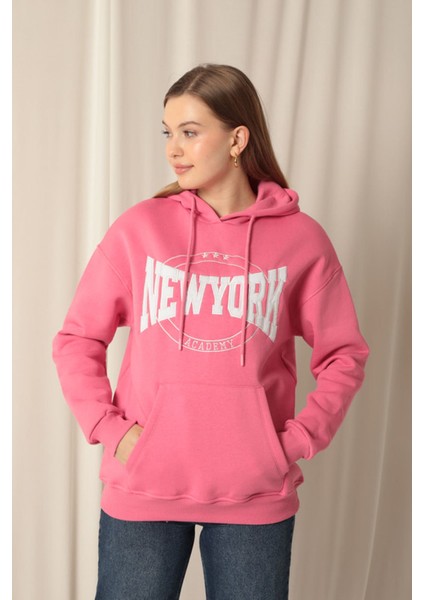 Üç Iplik Newyork Nakışlı Kadın Pembe Sweat