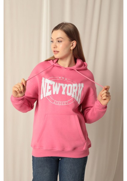 Üç Iplik Newyork Nakışlı Kadın Pembe Sweat