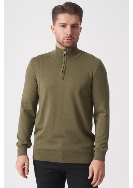 Brasília 1030 Slim Fit Basic Yarım Fermuarlı Triko A.haki