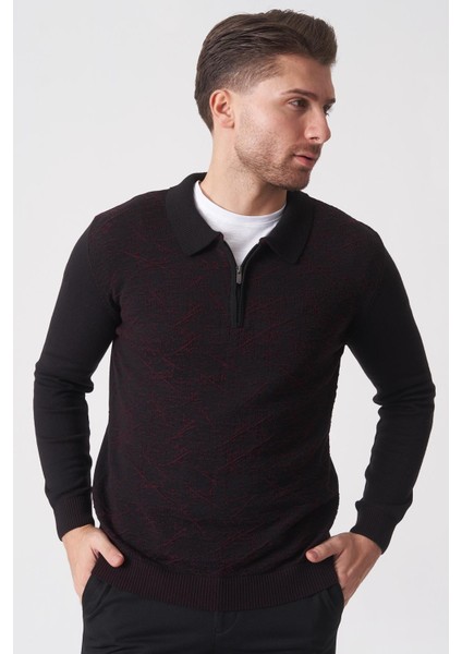 Porto Alegre 2024-32 Slim Fit Fermuarlı Pamuklu Venezia Triko Siyah-Bordo