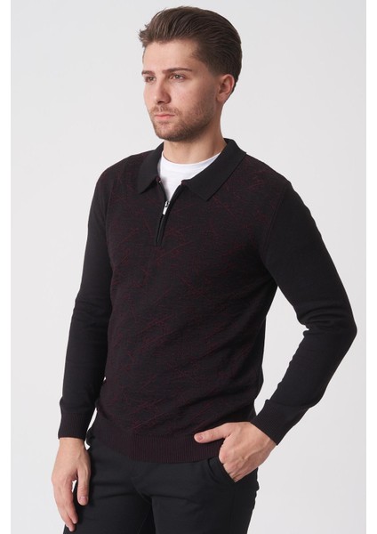 Porto Alegre 2024-32 Slim Fit Fermuarlı Pamuklu Venezia Triko Siyah-Bordo fiyatları