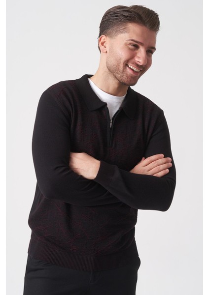 Porto Alegre 2024-32 Slim Fit Fermuarlı Pamuklu Venezia Triko Siyah-Bordo modelleri