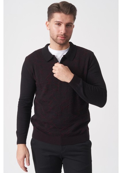 Porto Alegre 2024-32 Slim Fit Fermuarlı Pamuklu Venezia Triko Siyah-Bordo fırsatları