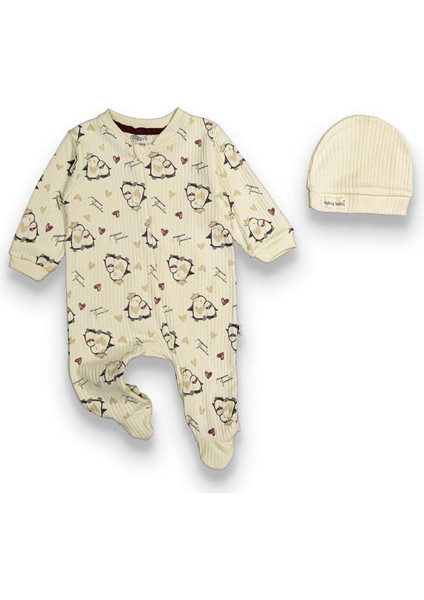 Bebek Penguen Desenli Bereli 2'li Fermuarlı Tulum - Krem