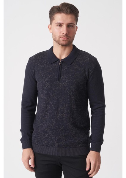 Porto Alegre 2024-32 Slim Fit Fermuarlı Pamuklu Venezia Triko Lacivert Antrasit