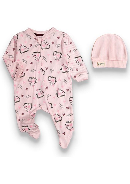 Bebek Penguen Desenli Bereli 2'li Fermuarlı Tulum - Pembe
