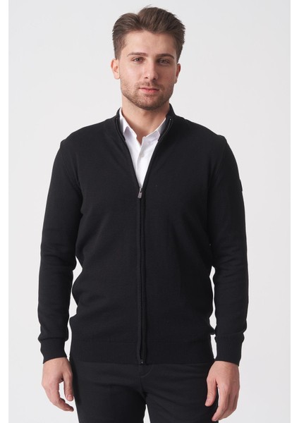 Fortaleza 1040 Slim Fit Tam Fermuarlı Pamuklu Triko Siyah
