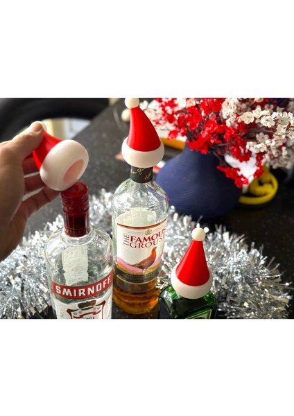 Alkol Şişelerine Uyumlu Noel Şapkası - Yılbaşı Süsleri (3 Adet)