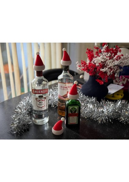 Alkol Şişelerine Uyumlu Noel Şapkası - Yılbaşı Süsleri (3 Adet)