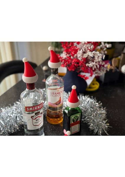 Alkol Şişelerine Uyumlu Noel Şapkası - Yılbaşı Süsleri (3 Adet)