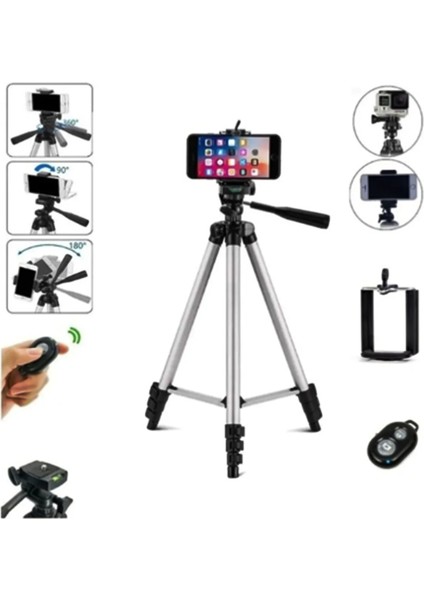 Bluetooth Kumandalı Gri Tripod Profesyonel Telefon/kamera Tutucu Tripod + çanta hediyeli