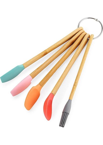 Bambu Silikon Pasta Seti 23 cm Mini Ahşap 5 Parça Yapışmaz Pasta Spatula Seti