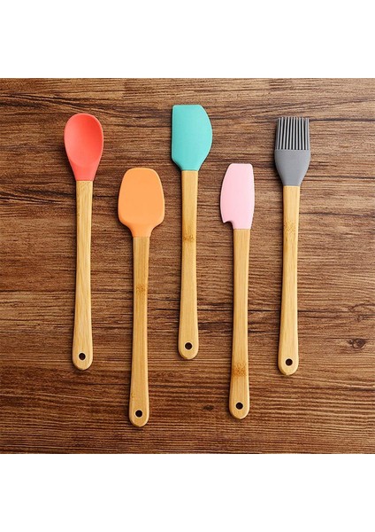 Bambu Silikon Pasta Seti 23 cm Mini Ahşap 5 Parça Yapışmaz Pasta Spatula Seti