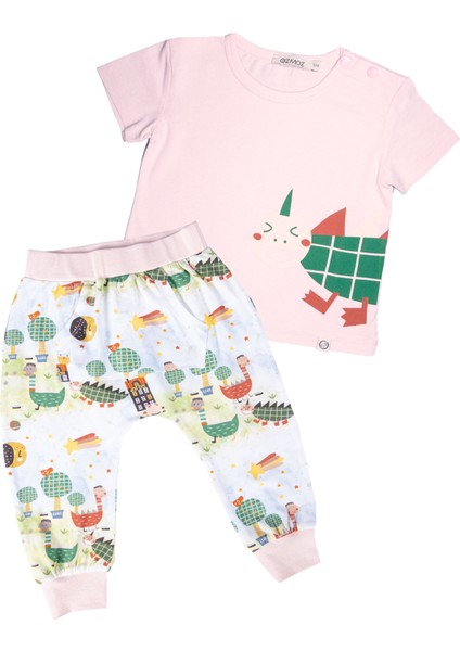 Organik Dino Baskılı Patiksiz Pembe Yazlık Unisex Bebek Takım