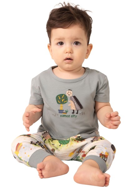 Organik Dino Nakışlı Patiksiz Mavi Yazlık Erkek Bebek Takım