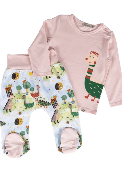 Organik Dino Baskılı Patikli Pembe Baharlık Unisex Bebek Takım