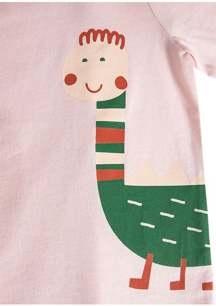 Organik Dino Baskılı Patikli Pembe Baharlık Unisex Bebek Takım