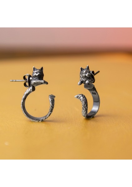 3 Boyutlu Kedi Figürlü 925 Ayar Gümüş Küpe
