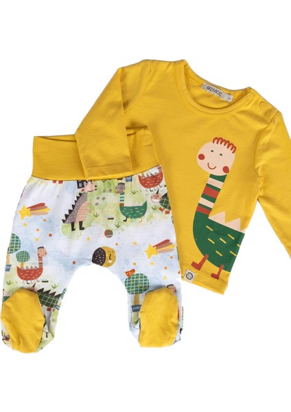 Organik Dino Baskılı Patikli Sarı Baharlık Unisex Bebek Takım