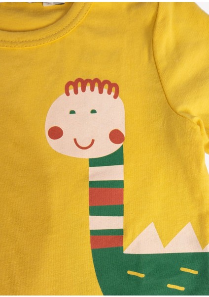 Organik Dino Baskılı Patikli Sarı Baharlık Unisex Bebek Takım modelleri