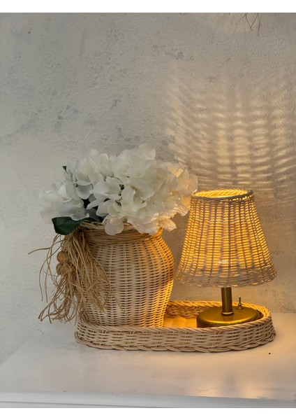 Rattan Set Masa Lambası-Düzenleyici Sepet-Vazo & Ortanca Çiçek 4'lü Set