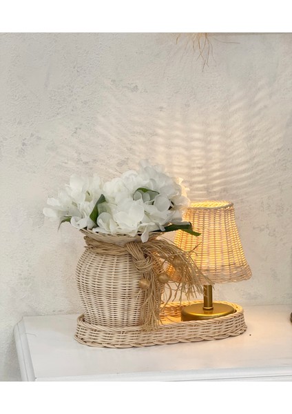 Rattan Set Masa Lambası-Düzenleyici Sepet-Vazo & Ortanca Çiçek 4'lü Set