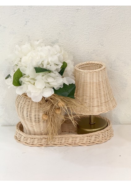 Rattan Set Masa Lambası-Düzenleyici Sepet-Vazo & Ortanca Çiçek 4'lü Set