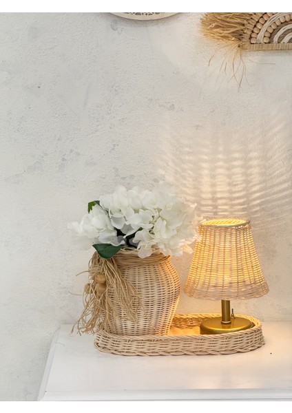 Rattan Set Masa Lambası-Düzenleyici Sepet-Vazo & Ortanca Çiçek 4'lü Set