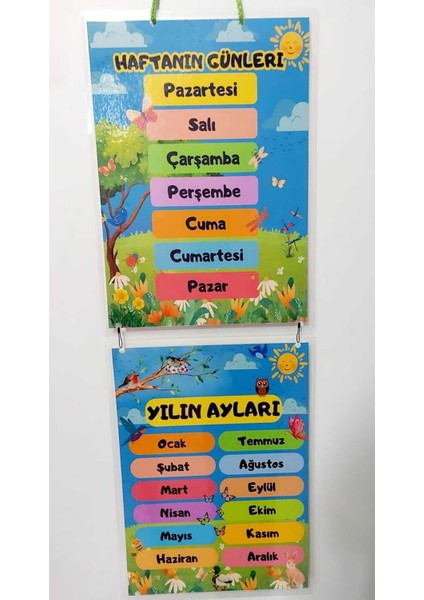 Haftanın Günleri Yılın Ayları Afişi Okul ve Sınıflar Için Pvc Kaplı 2 Parça Afiş 22*60 cm