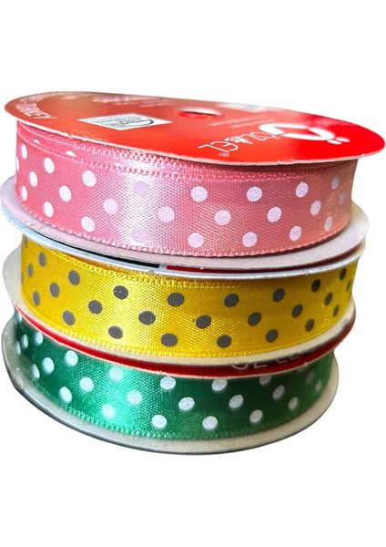 3 Makara Pembe, Sarı , Yeşil Puantiye Baskılı Kurdele 1,5 cm 5 5 5 mt 135010/011/012