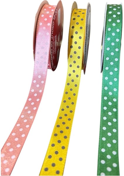3 Makara Pembe, Sarı , Yeşil Puantiye Baskılı Kurdele 1,5 cm 5 5 5 mt 135010/011/012