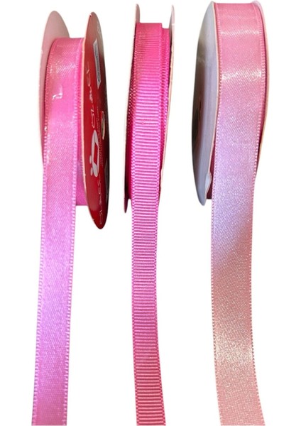 3 Makara Pembe Saten ve Grogren Kurdele, 1 cm ve 1,5 cm 5+5+5 mt 100641/513 120087