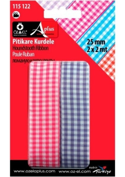 2'li Pembe Mor Ekose Kurdele, Pitikare Kurdele, Paketlik Kurdele 2,5 cm 2 2 mt 115 1222
